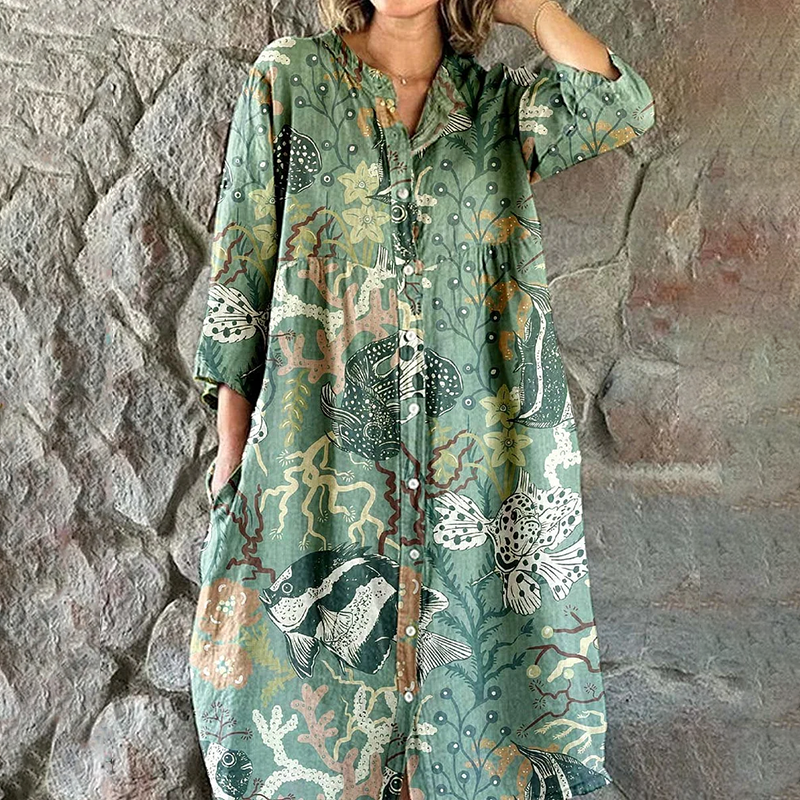 Cardydony Women's Elegant Vintage Underwater World Pattern Print Shirt Style Cotton And Linen Dress