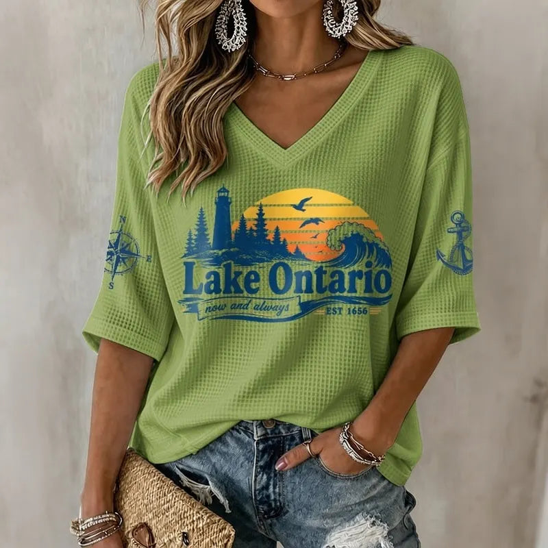 Cardydony V-neck Retro Lake Ontario Now And Always Est 1656 Print T-shirt