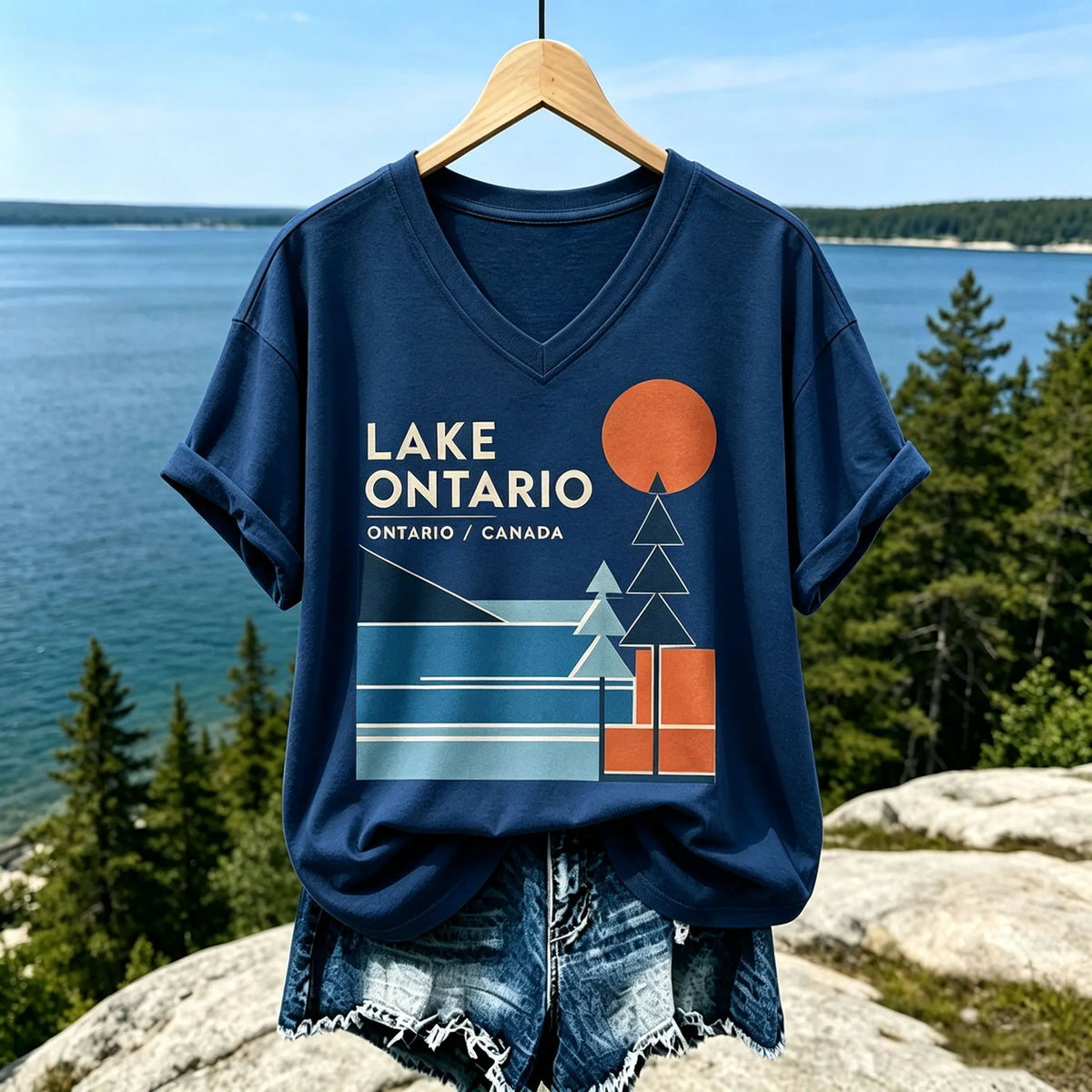Cardydony Women's Casual V-neck T-shirt In Beige With Lake Ontario Geometric Landscape And Orange Sun Print