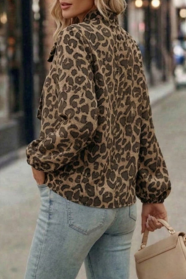 Cardydony Women's Leopard Print Bow Collar Long-sleeved Loose Shirt
