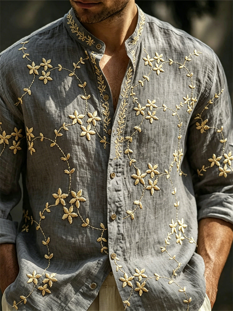 Cardydony Men's Boho Forest Floral Vines Linen Shirt