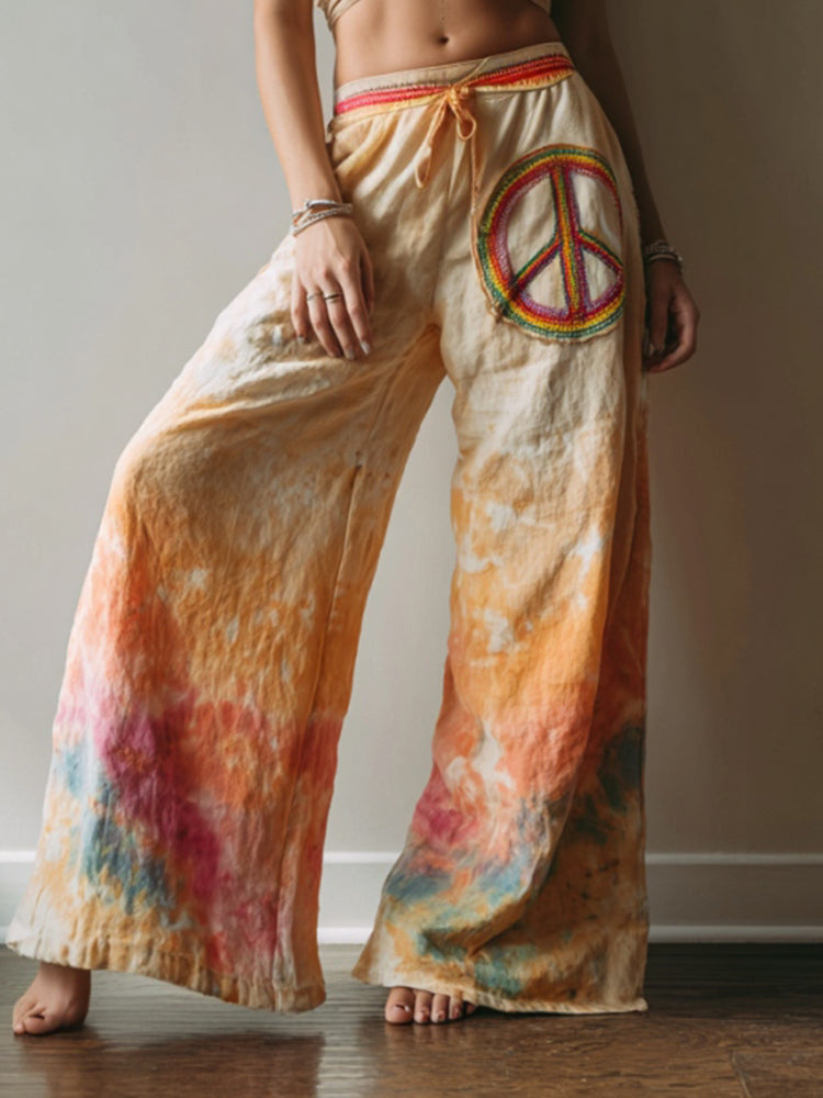 Cardydony Women's Vintage Hippie Tie-dye Peace Print Casual Pants