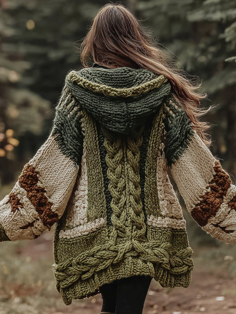 Celtic Knot Jacquard Contrast Color Thick Hooded Knit Cardigan