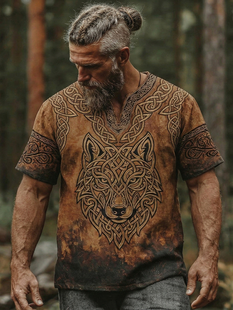 Cardydony Men's Vintage Viking Tribe Wolf Style Linen Short Sleeve Shirt