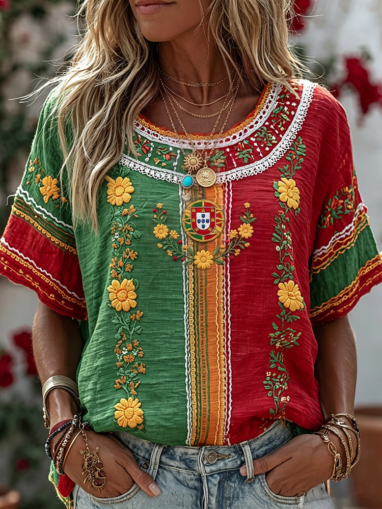 Cardydony Women's Retro Floral Embroidered Patchwork Art Linen Blend T-shirt