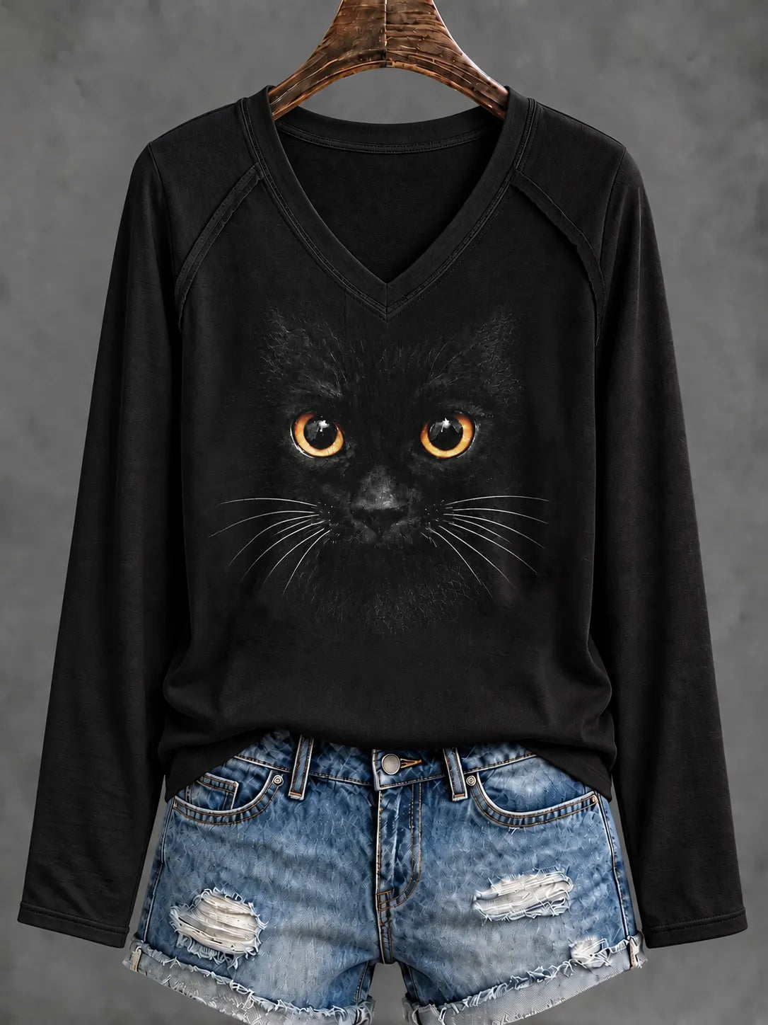 Cardydony Women's Cute Black Cat Abstract Art Print Casual Long-sleeve T-shirt