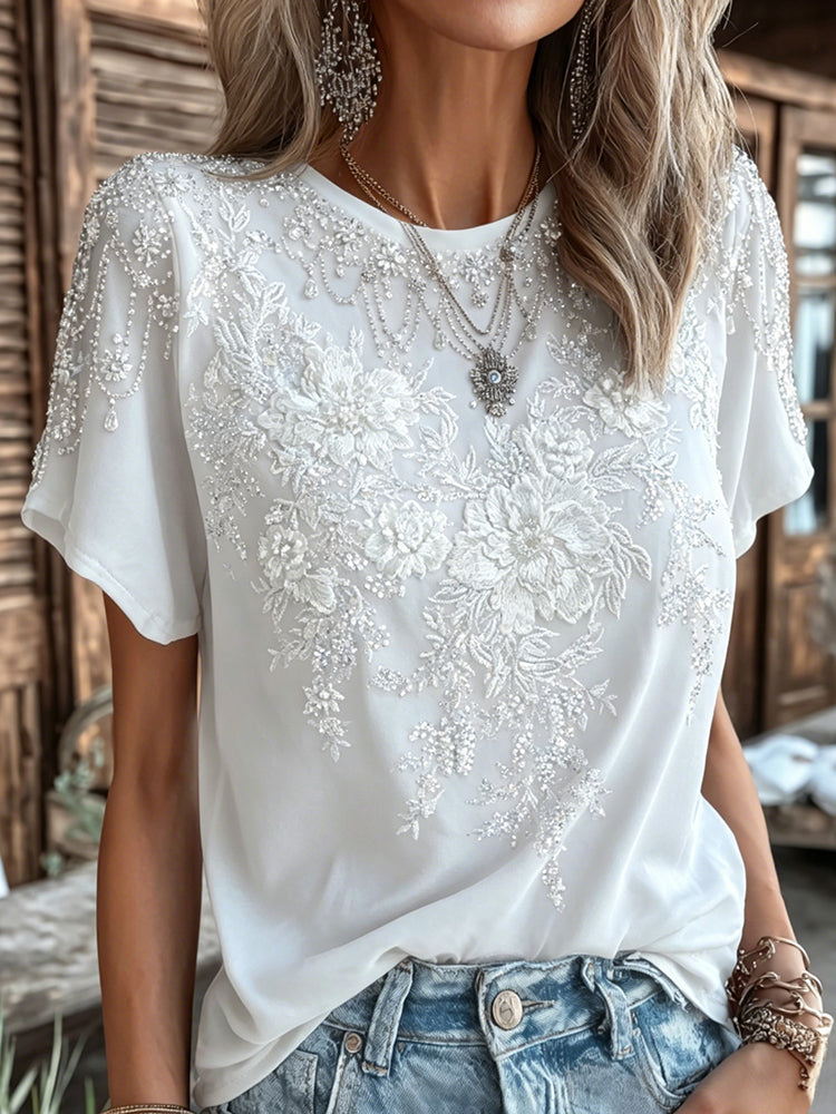 CardydonyWomen's Retro Floral Art Embroidery Round Neck Summer Short Sleeve T-shirt