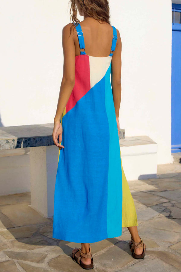Cardydony Women's Fashionable Color-blocked Printed Square Neck Sleeveless Vacation-style Maxi Dress