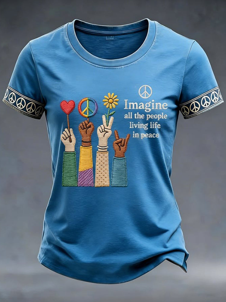 Cardydony Women's Imagine All The People Living Life In Peace Print T-shirt