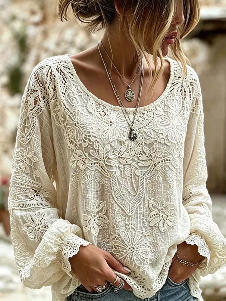 Cardydony Women's Vintage Floral Rose Art Embroidered Linen Blend Long Sleeve Tops