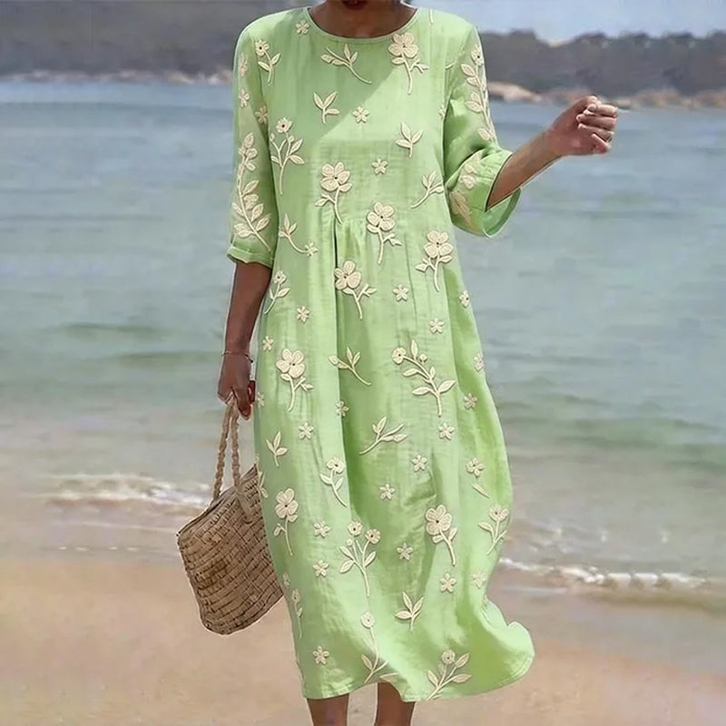 Cardydony Women's Floral Print Round Neck Linen Blend Casual Midi Dress