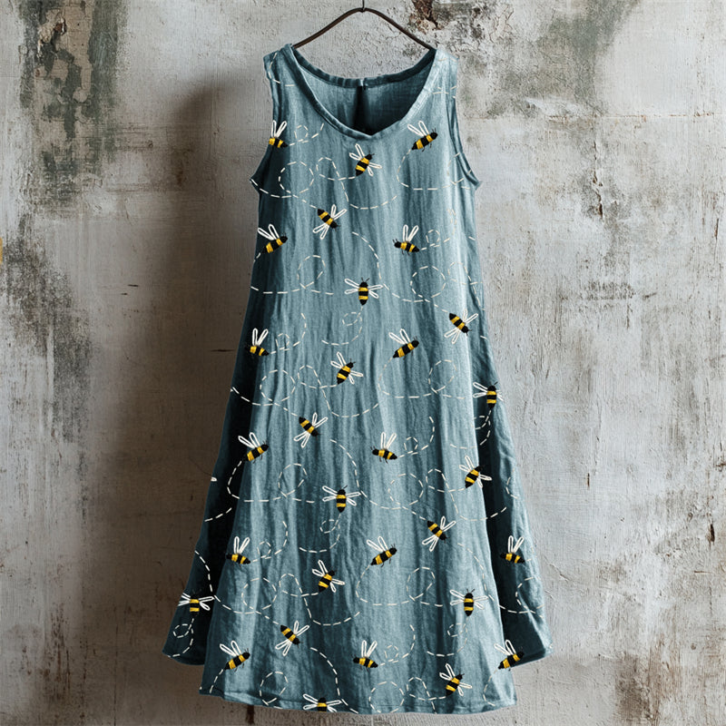 Cardydony Flying Bees Embroidered Linen Tank Dress