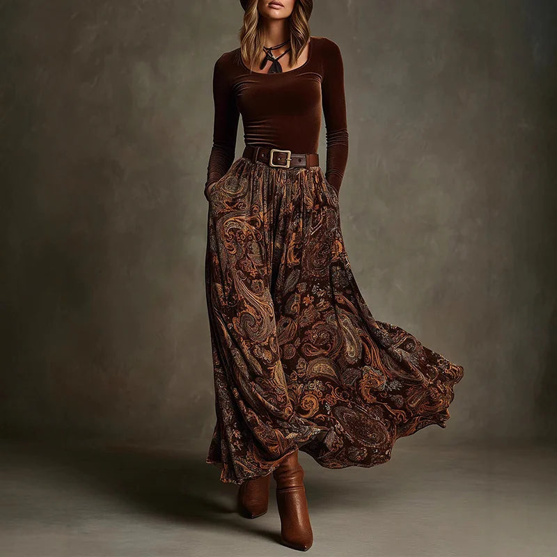 Cardydony Vintage Printed Velvet Belted Maxi Dress