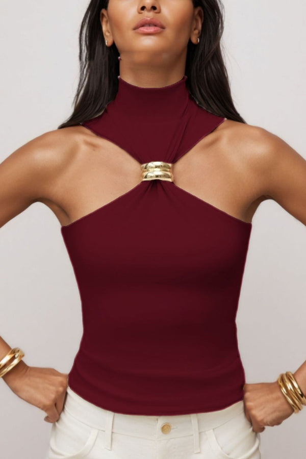 Cardydony Women's Solid Color Sleeveless Off-shoulder Embellished Slim Stretch Top