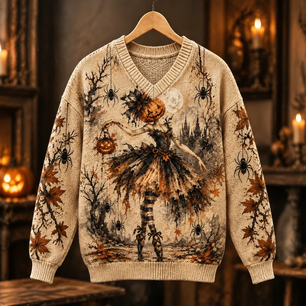 Cardydony Women's Halloween Pumpkin Witch & Spiders Pattern V-neck Knit Sweater