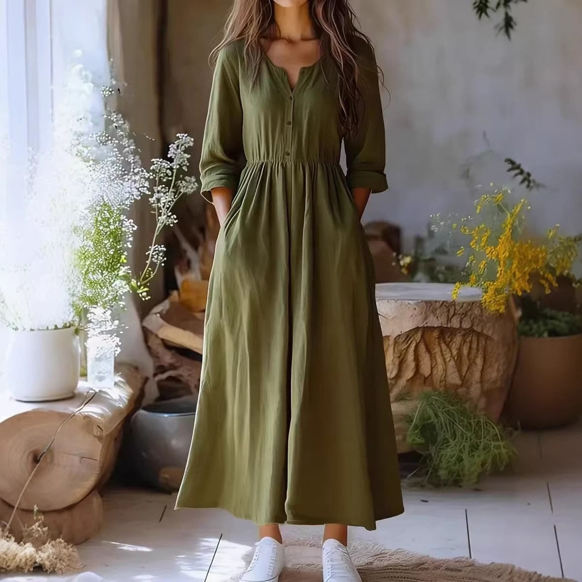 Cardydony Women's Solid Color Buttons Linen Blend Maxi Dress