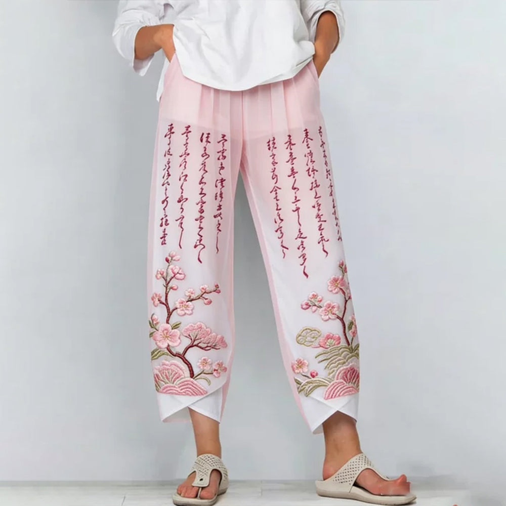 Cardydony Japanese-style Floral And Calligraphy Embroidery Gradient Casual Pants