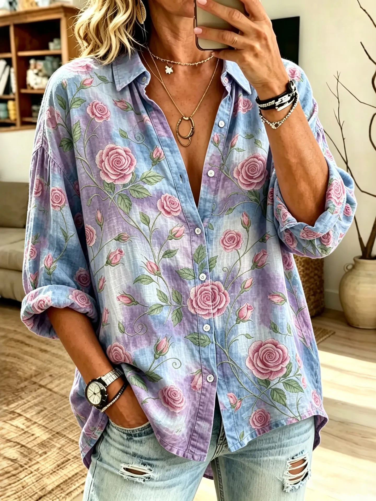 Cardydony Women's Vintage Floral In Gradient Art Print Flowy Linen Blend Long Sleeve Shirts