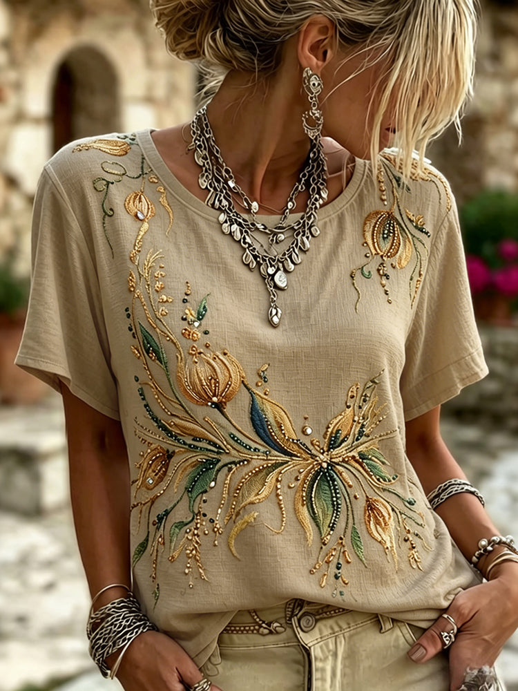 Cardydony Vintage Floral Art Embroidery Casual Linen Cotton Crew Neck Shirt