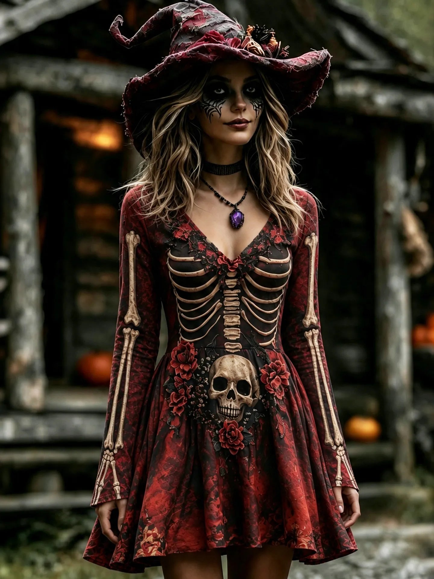 Cardydony Women's Retro Halloween Skull And Floral Pattern Casual V Neck Mini Dress