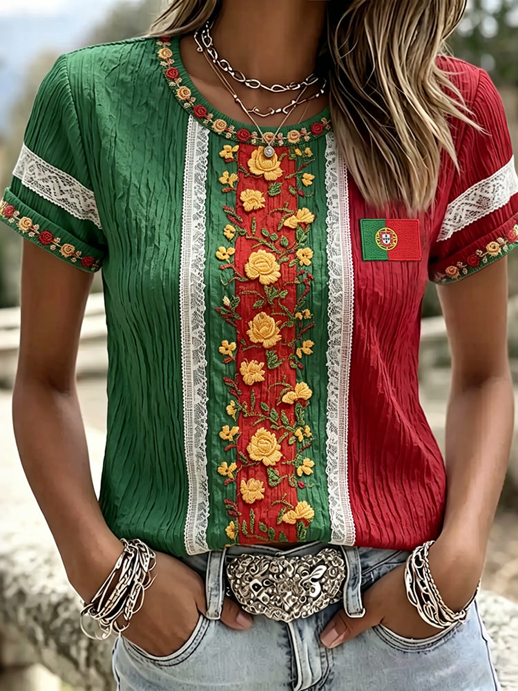 Cardydony Women's Retro Floral Embroidered Patchwork Art Crew Neck Short Sleeve T-shirt