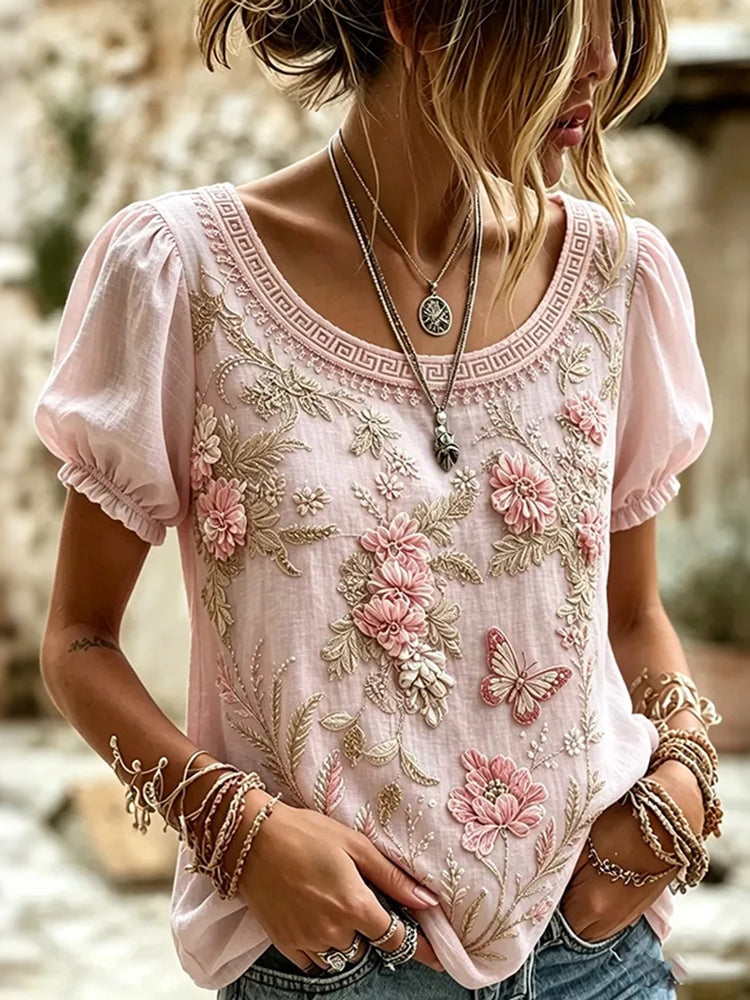 Cardydony Women's Bohemian Floral And Butterfly Art Linen Blend Top