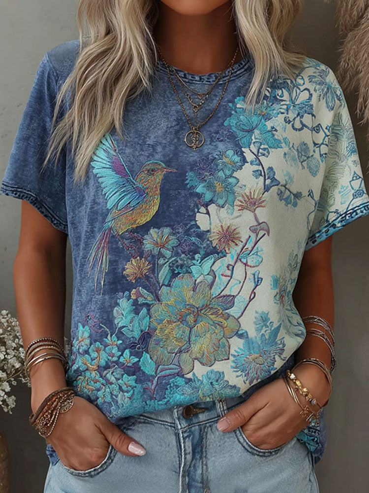 Cardydony Women's Retro Floral And Bird Art Print Crew Neck T-shirt