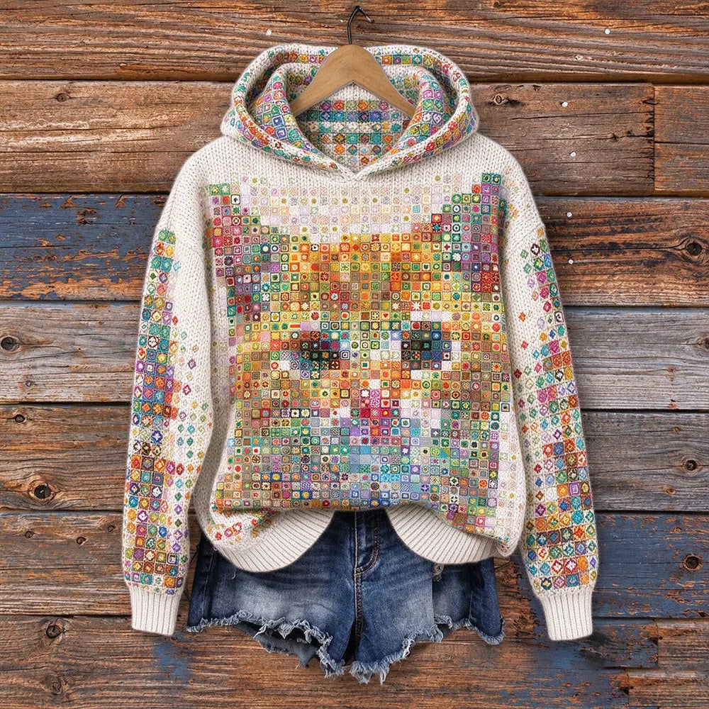 Cardydony Women's Vintage Geometric Cat Art Jacquard Casual Warm Hooded Sweater