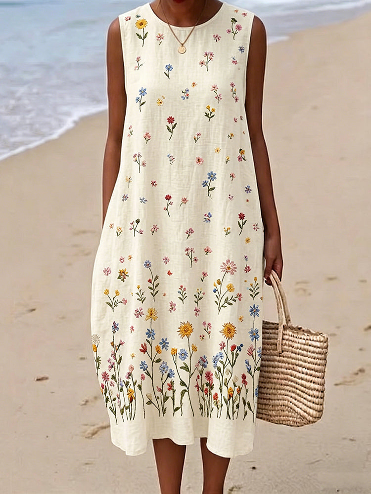 Cardydony Women's Vintage Floral Casual Sleeveless Linen Dress