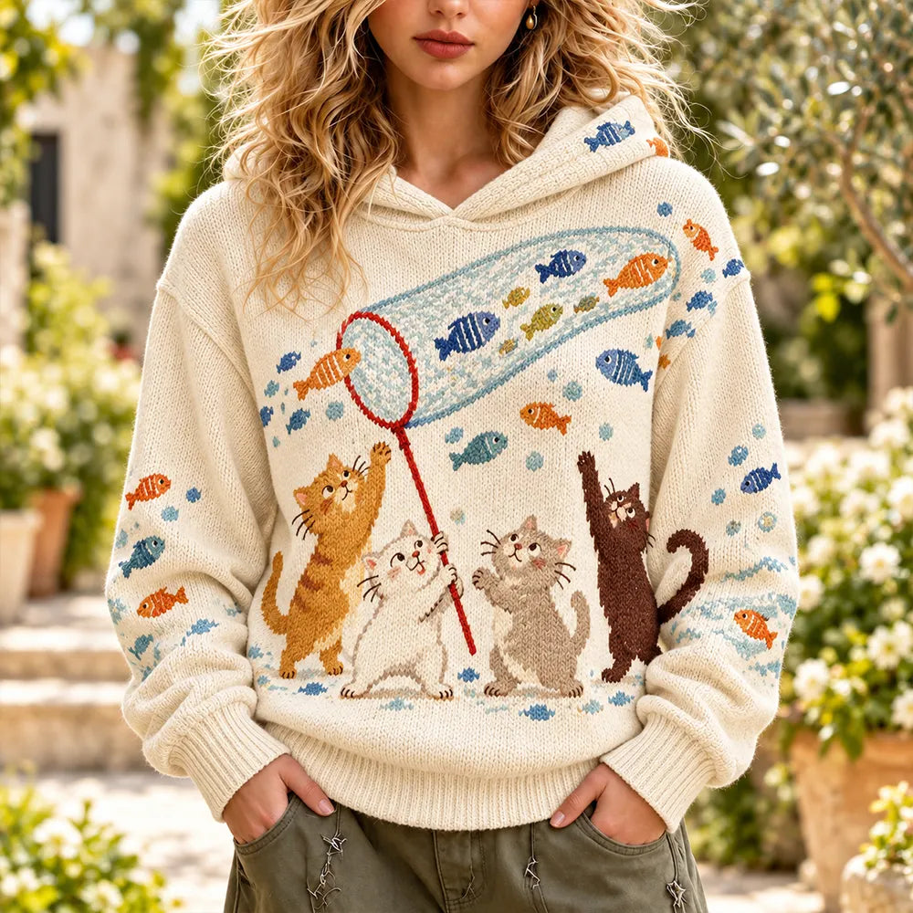 Cardydony Women's Cute Cats Catching Fish Print Hooded Knit Sweater