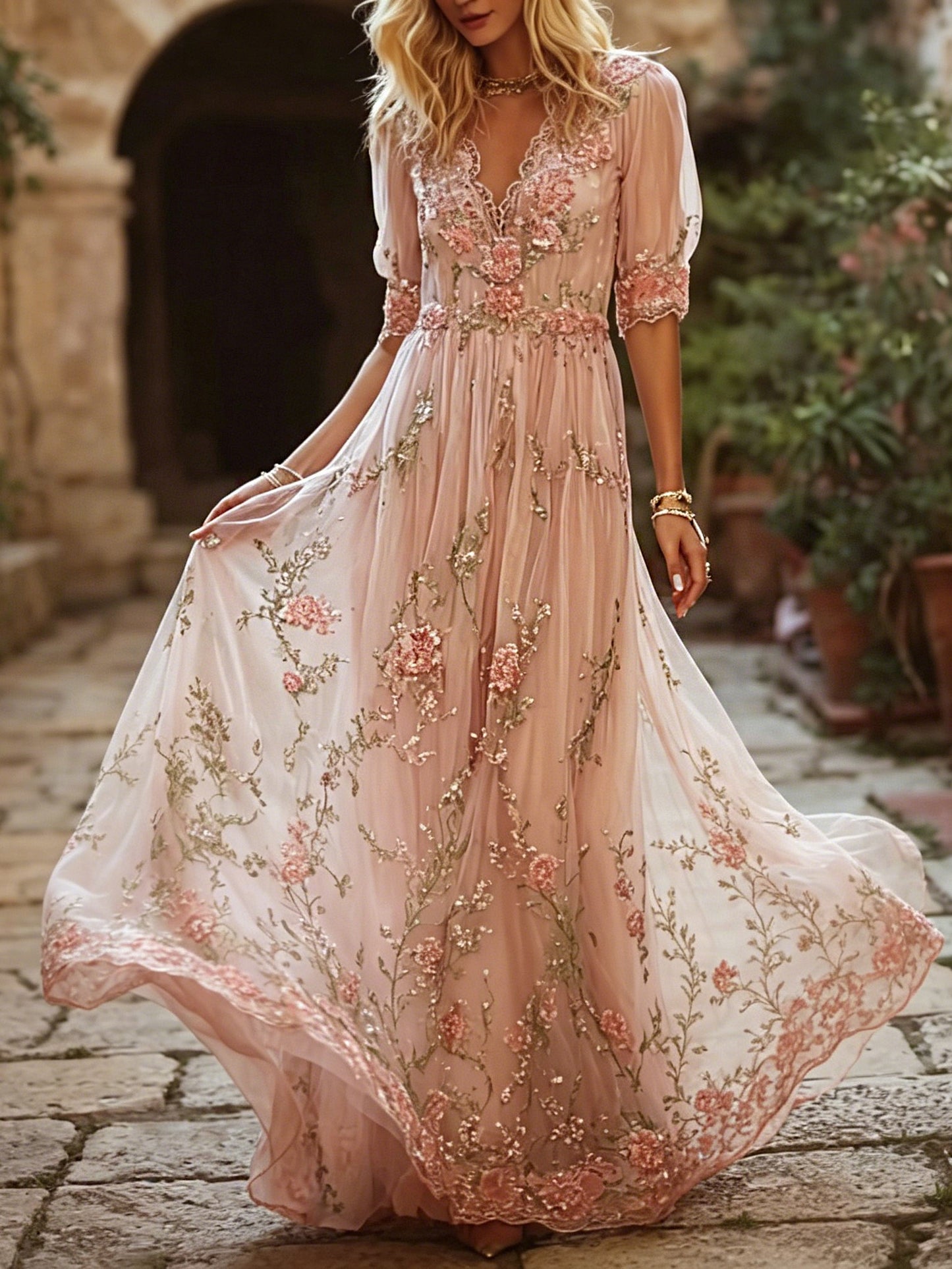 Cardydony Women's Retro Bohemian Style Rose Floral Print Embroidered Sequin Dress