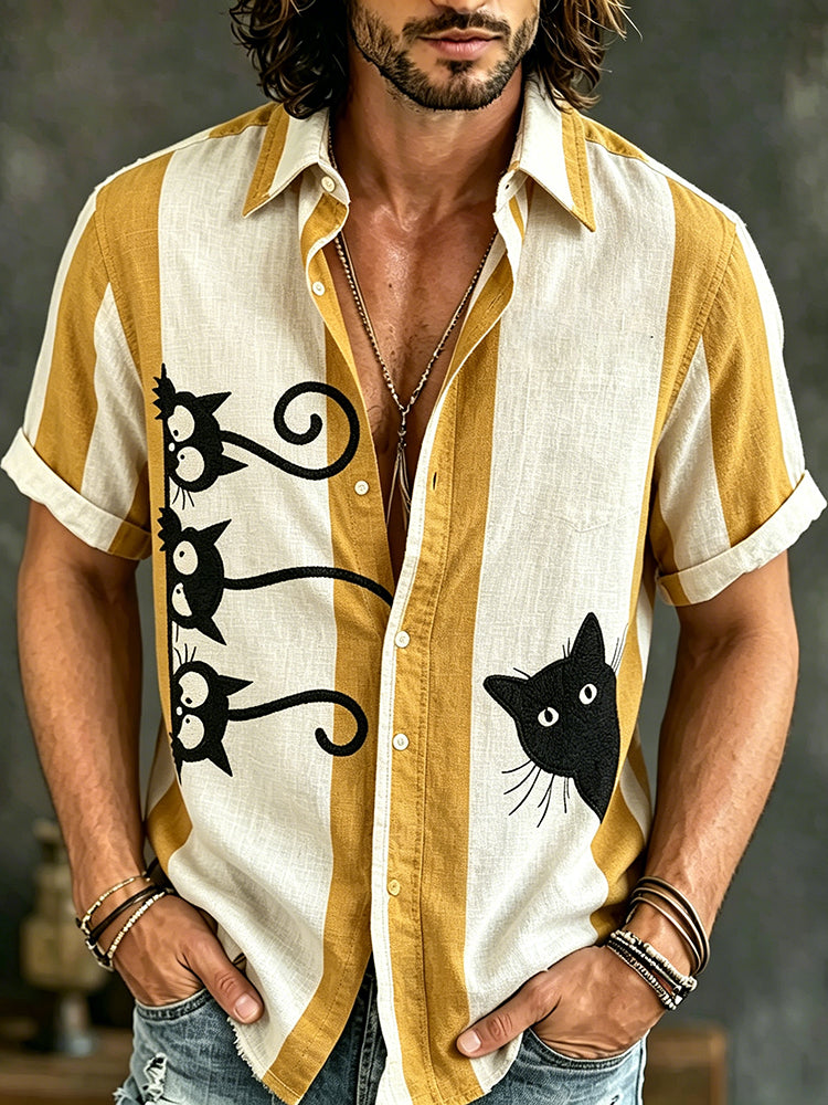 Cardydony Men's Cat Collection Cute Peeking Cat Colorblock Inspired Art Flowy Linen Blend Shirt