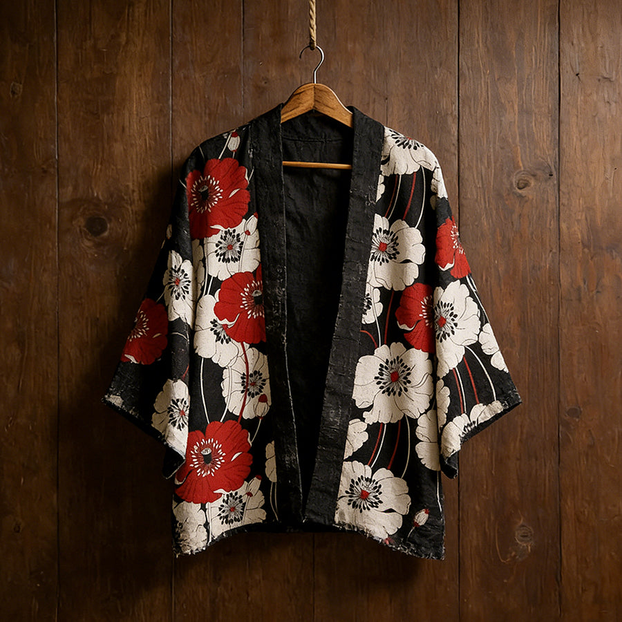 Cardydony Japanese Art Retro Floral Pattern Cotton And Linen Cardigan