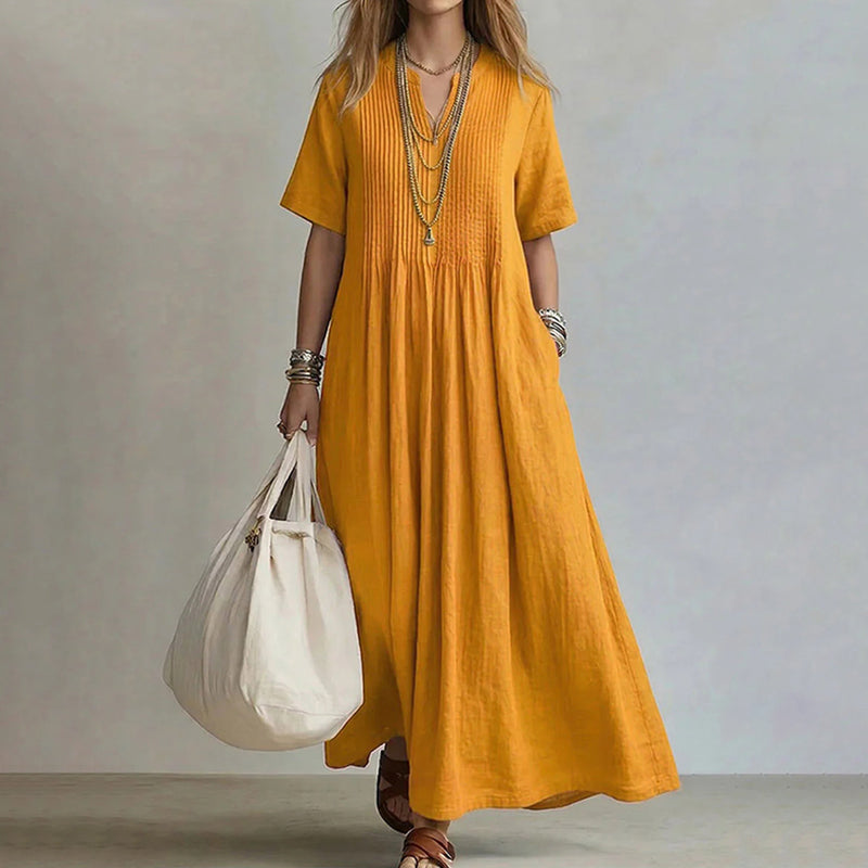 Cardydony Women's Retro Solid Color Loose V-neck Short-sleeve Pleated Cotton Linen Dress