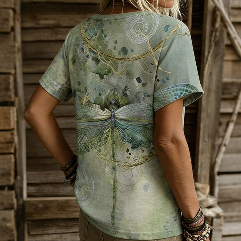 Cardydony Women's Vintage Dragonfly Art Print Flowy Short Sleeve Tshirt
