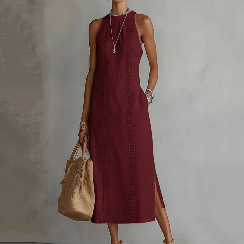 Cardydony Women's Solid Color Lace Patchwork Sleeveless Midi Dress