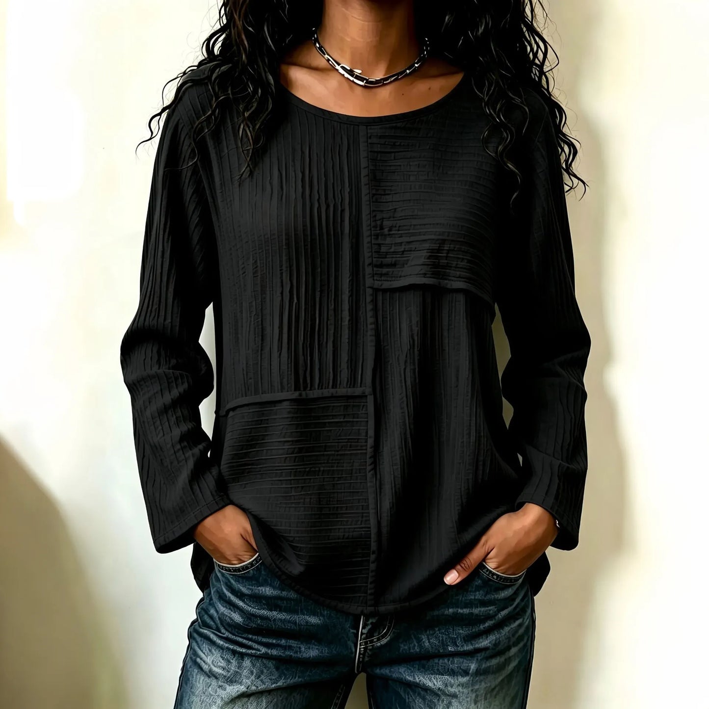 Cardydony Women's Textured Striped Patchwork Loose Batwing Sleeve Casual Blouse