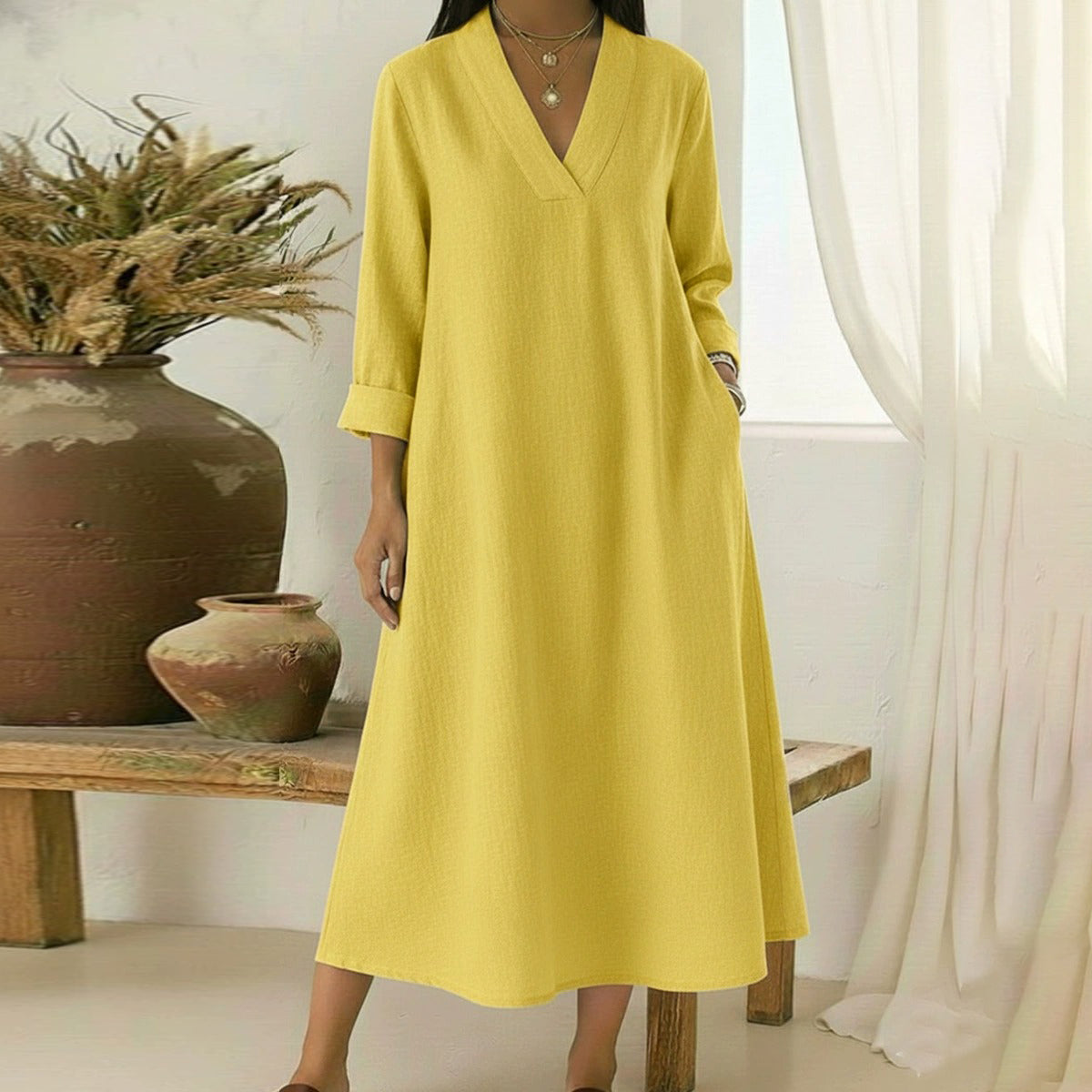 Cardydony Women's Elegant V-neck Linen-cotton Maxi Dress