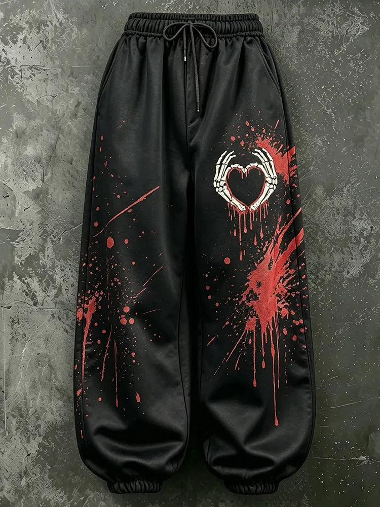 Cardydony Women's Halloween Skeleton Hand Heart-sign Print Loose Pants