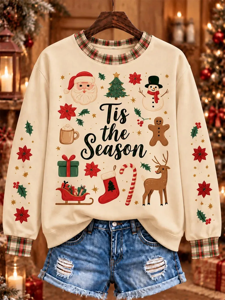 Cardydony Women's Christmas-themed 'tis The Season' Plaid Print Crewneck Sweatshirt