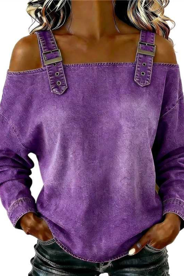 Cardydony Women's Fashionable Faux Denim Off-shoulder Long-sleeved Loose Top