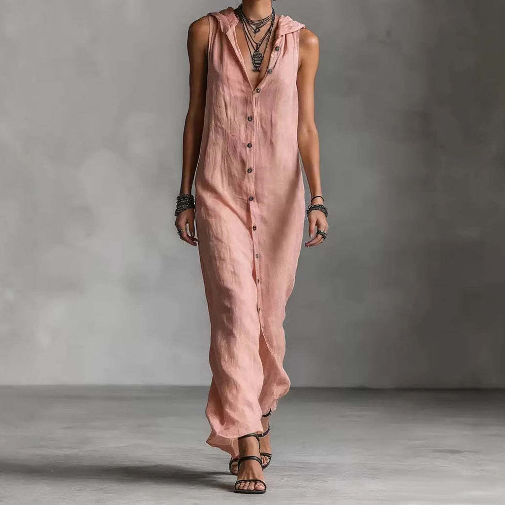 Cardydony Women's Solid Color Button Linen Blend Comfy Maxi Dress