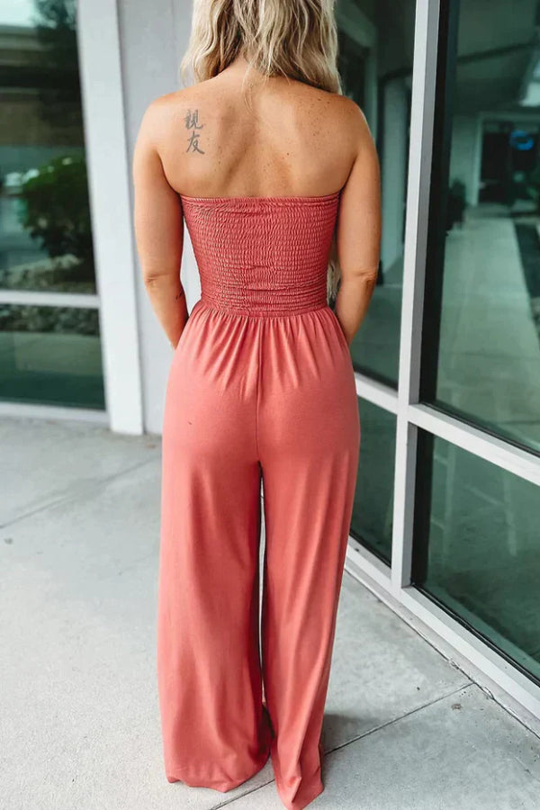 Cardydony Women's Solid Color Sleeveless Off-shoulder Pleated Loose Pocket Casual Wide-leg Jumpsuit