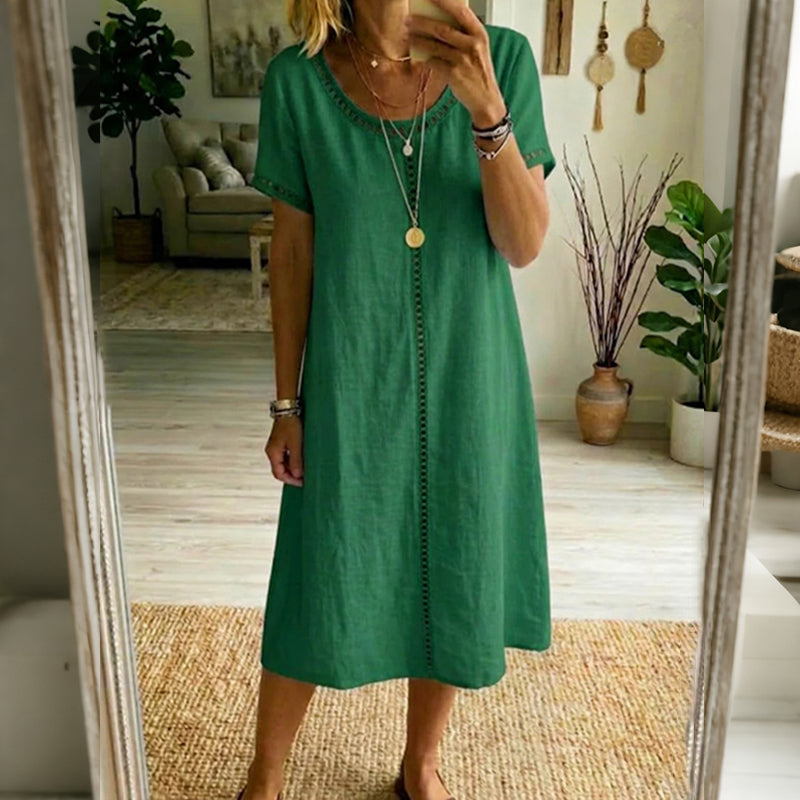 Cardydony Women's Solid Color Round Neck Short Sleeve Linen Blend Midi Dress