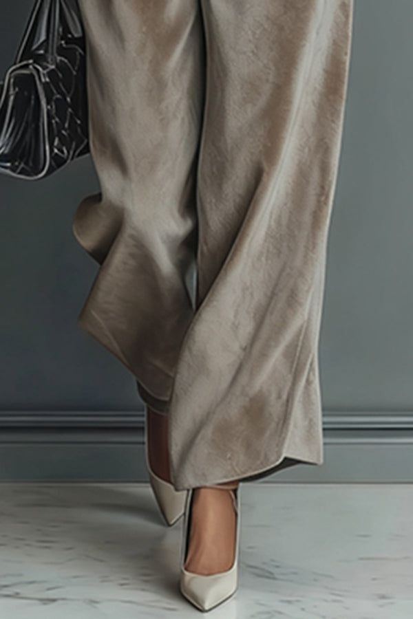 Cardydony Women's Stylish Velvet Turtleneck Long-sleeved Top and Casual Pocket Wide-leg Pants Set