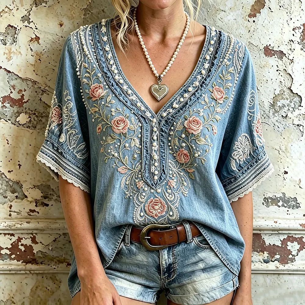 Cardydony Vintage Washed Denim Rose 3d Embroidery V Neck Blouse, Boho Pearl Beaded Lace Trim Short Sleeve Casual Top
