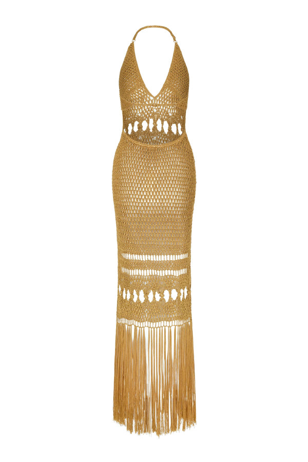 Cardydony Women's Fashionable Open-knit Backless Elegant Tassel Hem Vacation Cover-up Maxi Dress