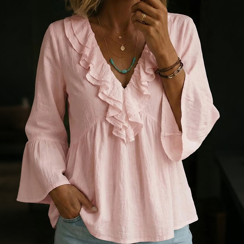 Cardydony Women's Solid Color Ruffle V Neck Blend Loose T-shirt