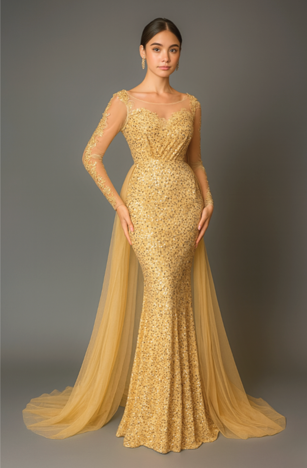 Cardydony Women's Sequin Long Sleeve Mermaid Dress with Sheer Overlay & V Back – Formal Gown