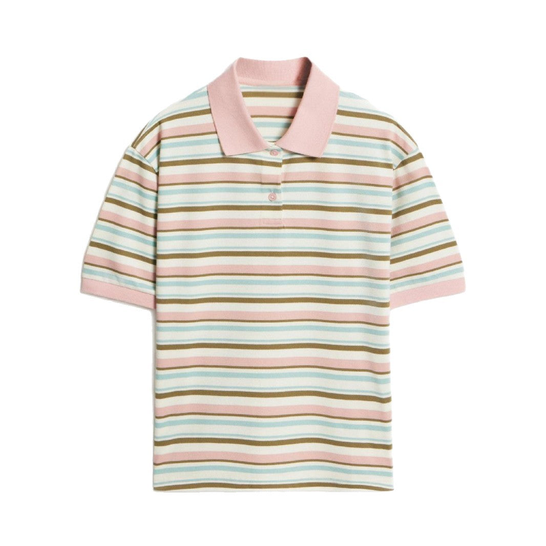 Cardydony Women's Loose Fit Polo T-Shirt | Retro Casual Style with Contrast Stripes & Soft Knit